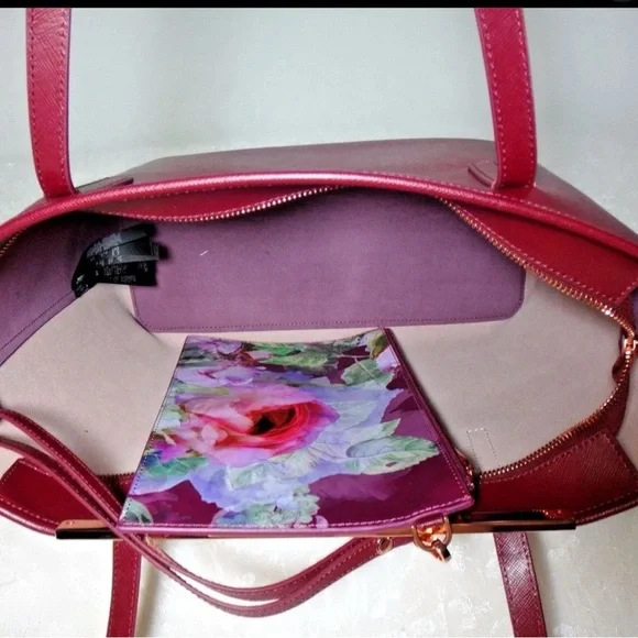Ted Baker London Pink and Burgundy Floral Tote Bag Rose Gold Accents - Picture 13 of 16